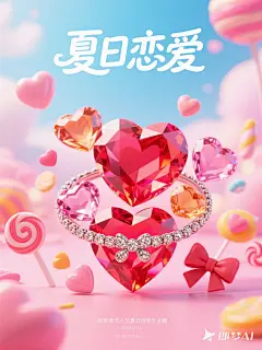 采用粉色、红色等暖色调的宝石，以及心形、蝴蝶结、糖果等甜蜜的元素，传达出一种浪漫、甜蜜的感觉，适合用于情人节或夏日恋爱主题的珠宝海报。 (2)