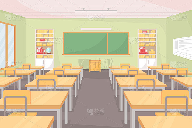 学校教室平面彩色矢量插图