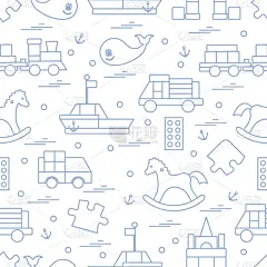 矢量插图儿童玩具对象:火车，拼图，设计师，船，汽车，鲸鱼等。