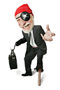 caricature of a caucasian business man as a corporate pirate complete with eye patch and peg leg