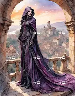 Ai产生的 女士 哥特 兜帽 城堡 中世纪 城市景观 日落 自然