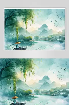 AI数字艺术清明节中国风牧童插画
