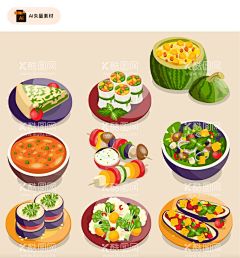 餐饮美食插画素材  - 源文件下载【酷图网】美食,美食插画,菜肴,菜肴插画,手绘美食,手绘菜肴,中国菜,烧烤,烤肉,烤串,寿司,沙拉,三明治,蔬菜沙拉,美食菜品,菜品插画,菜品插图,手绘菜品