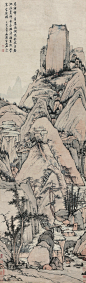 清 弘仁 ·《西园坐雨图》轴 纸本 设色 219x66.5厘米。