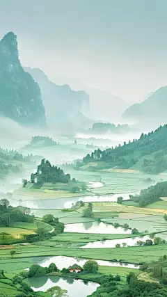 绿色山水画春天