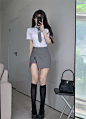 韩版学姐修身衬衫夏洋气收腰性感辣妹高腰包臀裙时尚工作服两件套-淘宝网