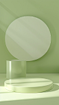 3D render of a minimalistic light green podium with a white circle on the background, studio shot, soft lighting, neutral tones