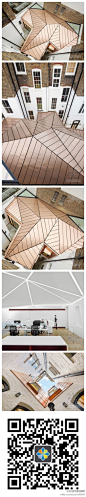 EMRYS设计伦敦办公室铜质合金的切面形屋顶。建筑结构是通过一系列的三角折叠板材来支撑，由连续的轻钢环梁连结所有的面板，防止它们下滑，三角形屋顶的照明绑定在室外的环梁上，使得光能够穿透到地下层，在内部，隐藏式照明凸显每个平面的边缘。【详见】http://t.cn/8kB5Vh8