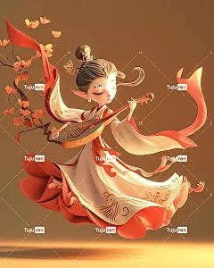 飞天仙女正在演奏中国音乐剧中阮，具有敦煌风风格，中国神话海报