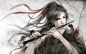 grey background, flute, red eyes, long hair, red ribbon, black magic, Chinese clothing, Mo Dao Zu Shi, Master evil cult, Wei From Xian