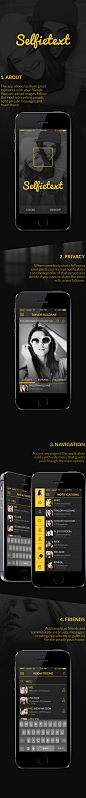 黑黄搭配的照片分享手机APPUI-摄影与录像-黑色-列表，搜索，详细内容，界面布局，功能首页，左侧菜单-手机APPUI设计分享