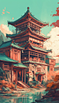 中国风寺庙塔古建筑国潮建筑插画图片