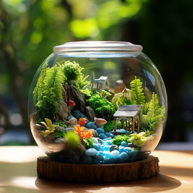 Midjourney 鱼缸造景 桌面景观 微缩模型 鱼缸生态-花瓣网