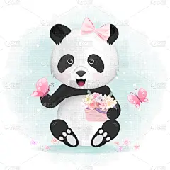 可爱的,动物,绘画插图,熊猫,蝴蝶,举起手,手提篮,水彩画,贺卡,水彩画颜料
