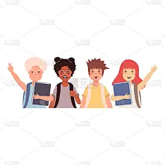 一组男孩和女孩上小学或中学。回到学校的概念，孩子们的性格。矢量插图在平面风格“n“n