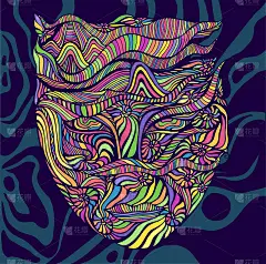 迷幻迷幻的明亮拟人化的萨满脸，由许多图案以菊石的形式组成，孤立在深蓝色的图案背景上。超现实梦幻时尚卡