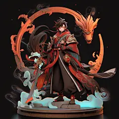 (4/4)一个女孩拿着一把剑，夜空中满月，风格类似于本尼迪克特·班纳，华丽的服装，浅紫色和深灰色，卡哇伊，陈珍，详细的面部特征，散乱的构图(AI绘图来自WeDraw.art)