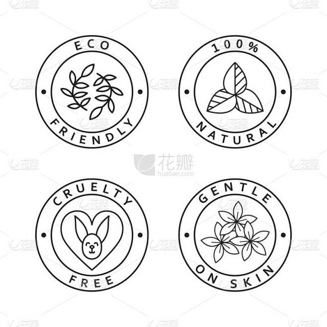 一组简单的图标。生态友好、自然、残忍、无拘无束、温和的皮肤图标.天然有机贴纸.