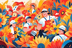 劳动节工人人物鲜花感恩插画
