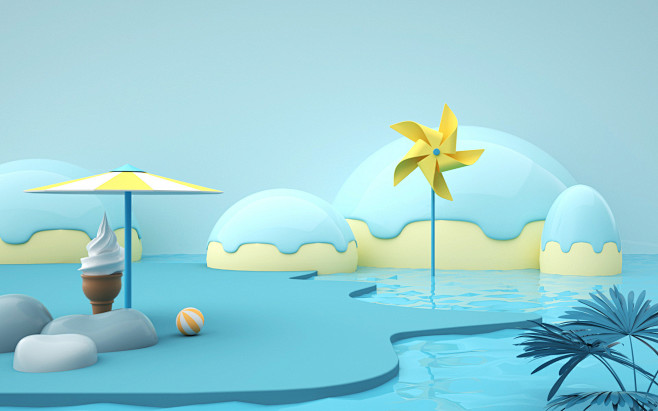 可爱夏天c4d绿色环保避暑卡通立体背景