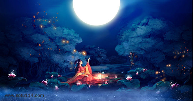 唯美古风手绘插画护肤品化妆品中秋海报背景