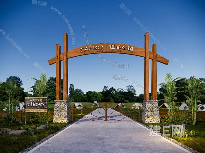 现代入口大门su模型 景区森林公园动物园 帐篷露营基地入口logo大门 美丽乡村农家乐原木生态构筑大门 形象标识导视指示牌-花瓣网