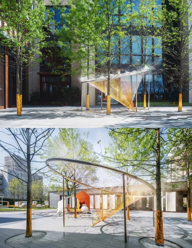 正荣·润熙府 贴近建筑是静谧的雾森装置，结合金属与丝线本身的质感色彩表现趣味与现代几何美学。环形艺术装置在树阵中若隐若现，暖色的丝线如阳光般 ...