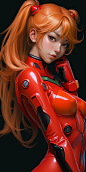 Asuka from Evangelion, dynamic pose, anime waifu(20-years-old)-hot-babe-flirty-bodylanguage, fit-thick-build, gorgeous perfect face, in the style of realistic and hyper - detailed renderings, kawaii, zbrush, hyper - realistic oil, contoured shading