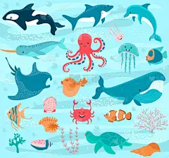 水下世界卡通画、海洋动物、病媒图解