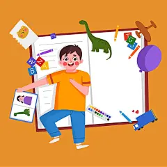 六一儿童节男孩躺在日记本上图片下载