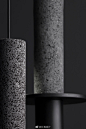 #DINZ灯具#Davidpompa |  Meta lamp。用火山岩制作了一盏黑色吊灯，这种材质通常用来做捣碎鳄梨的研磨碗 。由于熔岩迅速冷却，在石头的表面呈不规则的气泡状，工作室将其描述为“独特而神秘的材料”。这两种材料都形成了圆柱形，强调了一种光滑而尖锐的美学，色调单一却充满对比。 ​​​​
