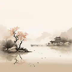 古风建筑人物山水树木素材图片