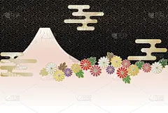 日本风格的富士山形象和菊花和日本图案。