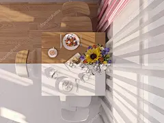 3d 渲染的一室公寓房在现代简约风格的室内设计厨房的拼贴画。图显示的表附近早餐和鲜花的窗口，在顶视图