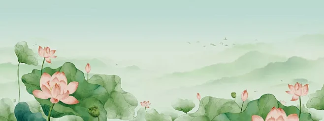 中国风水墨荷花风景山水画插画素材