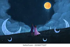 牵手的情侣蓝色星空下梦幻七夕情人节之夜插画