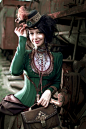 Charming Russian steampunk photo shoot. Like the green corseted jacket!