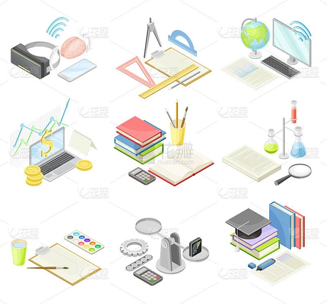 学校课程科目设置。教育用品和设备等距矢量插图素材-花瓣网