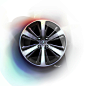 the front wheel of a car with black spokes and chrome rim on a white background