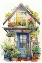 建筑铅笔绿植房屋花园水彩画插画