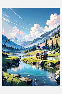 数字艺术 手绘插画 山川装饰画-众图网