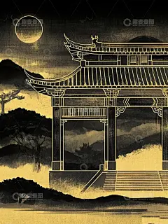 黑金风格中国风古建筑水墨插画3高清模板免费下载-趣麦麦图