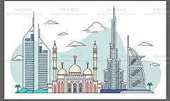 创意卡通简笔全球旅游地标性建筑线稿手绘水彩插画海报AI矢量素材-淘宝网