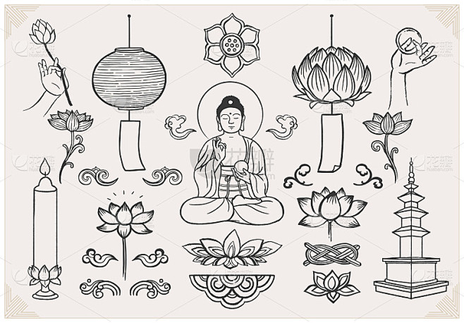 一套手绘东方元素。手握莲花坐佛。亚洲传统...