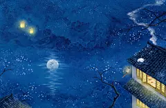 我又来更古风图了，白喵~-亦良璇子_古风 神话 夜晚 工笔画 月亮 山水 建筑 房屋 灯光 树 花 蓝色 河流 烟雾 食物 温暖_涂鸦王国插画