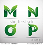 Set of green eco letters logo with leaves: M,N,O,P