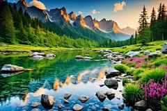 山峦湖泊创意美景植物湖面山川插画图片