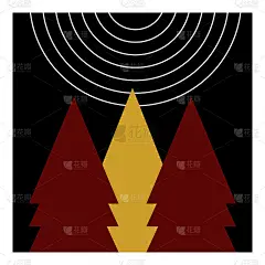 圣诞树简单矢量几何形状为三角形，圆形。平面设计孤立在黑色背景上。抽象的卡通风格简约。极简主义的贺卡。