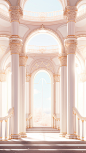 an elegant interior design with columns and arches, in the style of light white and gold, 32k uhd, classical portraiture, bryce 3d, ethereal minimalism, architectural focus, rococo pastel