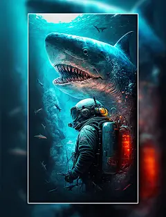 科幻鲨鱼海底世界宇航员创意赛博朋克数字作品AI作品数字插画